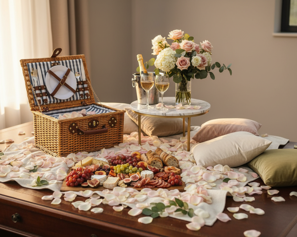 Picnic setup with a wicker basket, flowers, and food on a table.